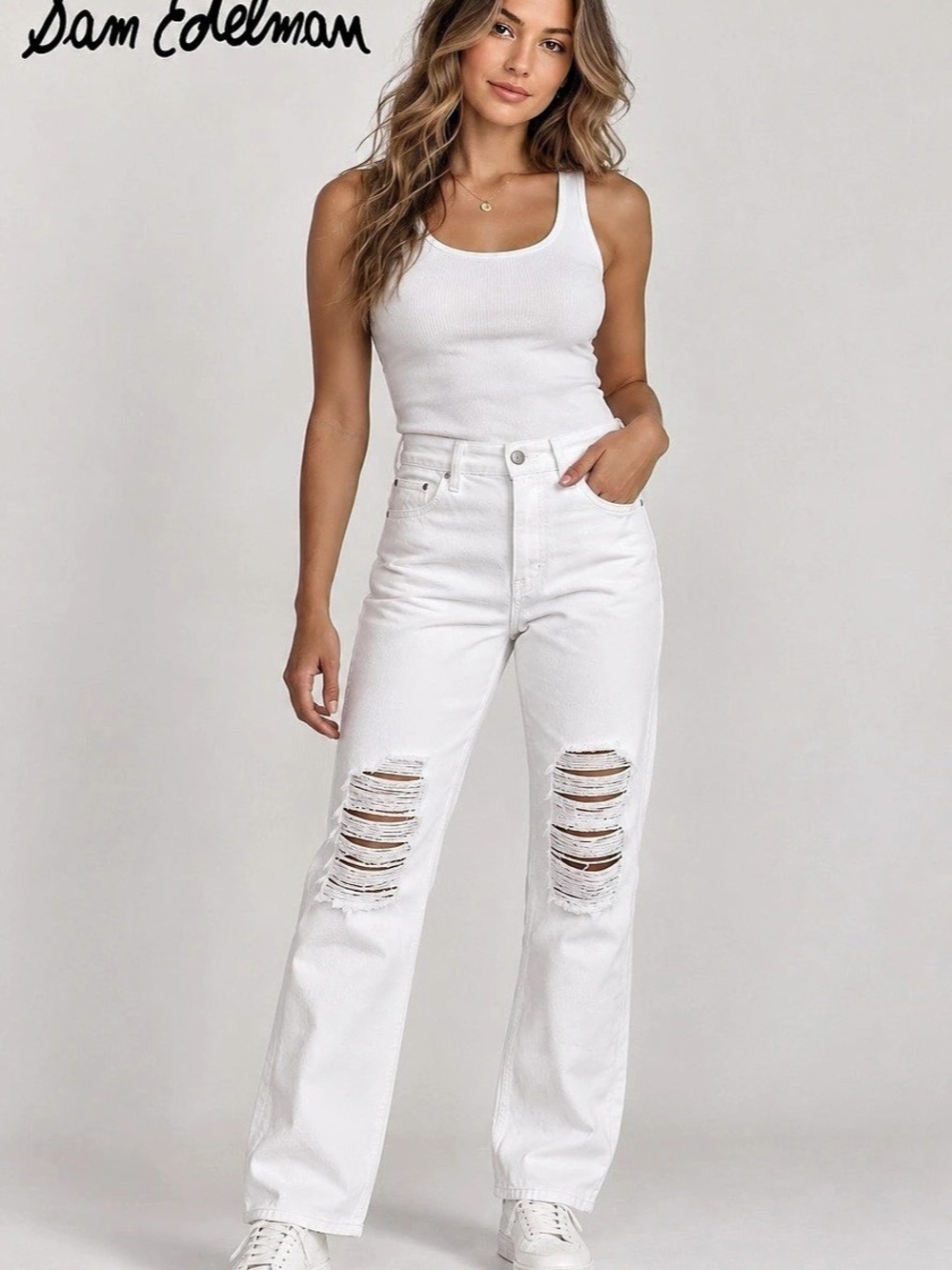 Sam Edelman Yaro White Distressed High Rise Straight Leg Jeans Size 28